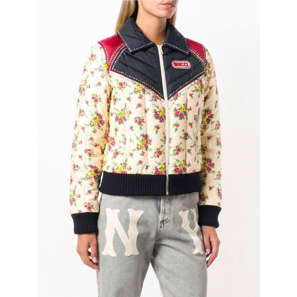GUCCI Crystal Patchwork Geometric Floral Lightweight Bomber Down Jacket